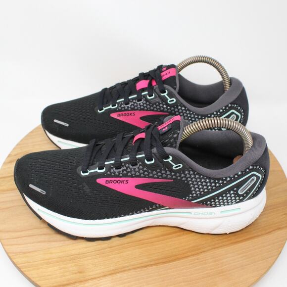 Brooks Shoes Womens 8 Ghost 14 Running Sneakers Black Pink Lace Up Gym Workout - Picture 3 of 10